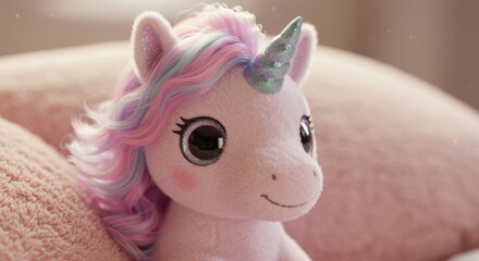 Side view of a pastel-colored plush unicorn toy nestled against a soft pink pillow