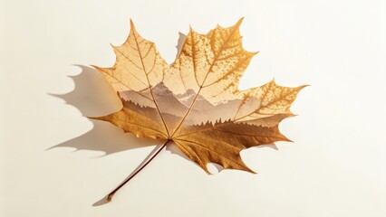 Fototapeta premium A dried maple leaf displays a serene mountain landscape imprinted on its surface, symbolizing nature's connection and the passage of time.