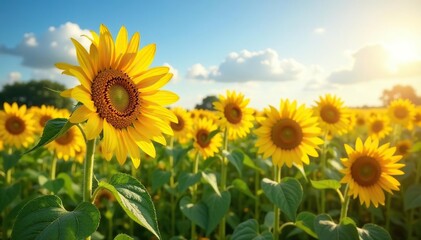 Obraz premium Vibrant field of sunflowers in full bloom under a sunny sky , environment, seed, vibrant