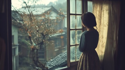 Woman Gazing Out Window Autumn Day Serene View Peaceful Moment Thoughtful Pose Tranquil Scene Old