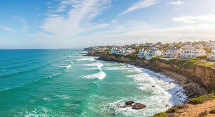 Obraz premium Coastal town nestled beside a vibrant ocean. Waves crash on the shore, houses line the cliffs