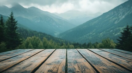 Fototapeta premium Majestic Mountain View from Wooden Deck Serene Nature Escape Peaceful Panorama Tranquil Landscape