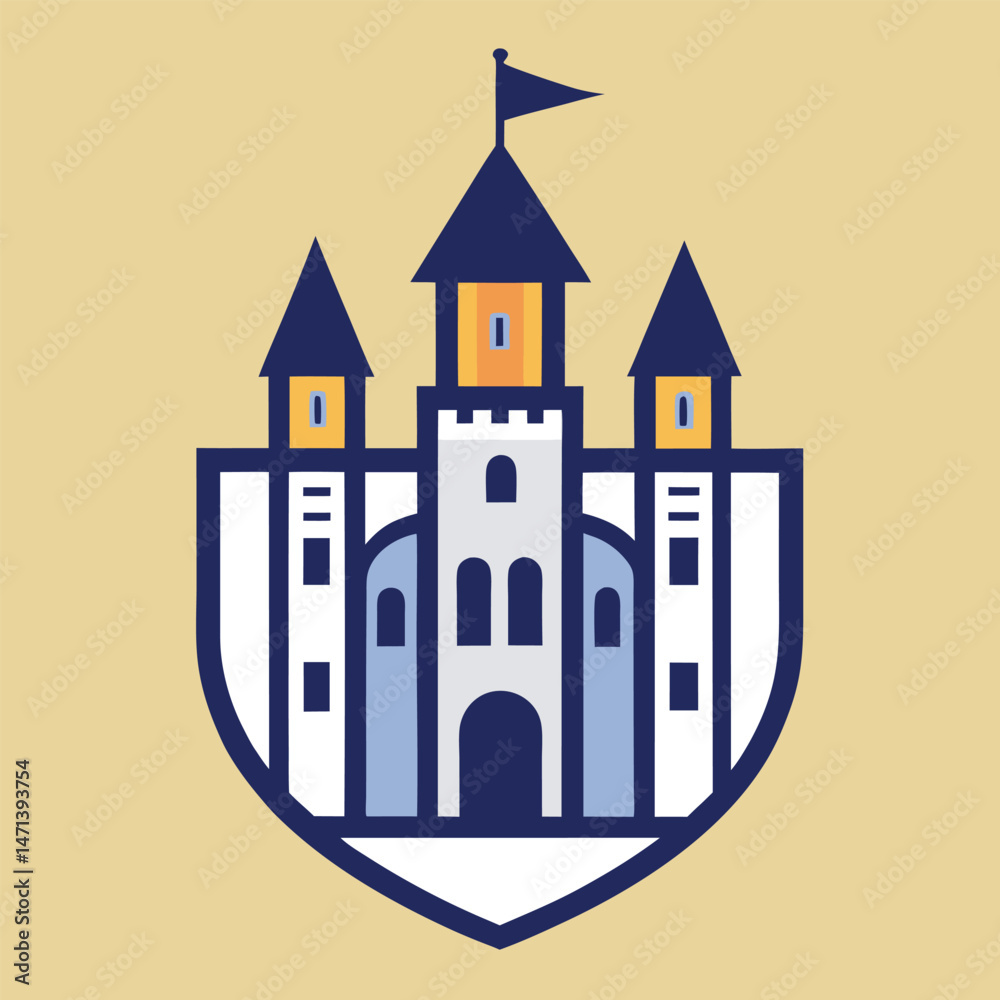 Poster vector illustration of a castle logo design featuring three towers and a shield emblem representing 