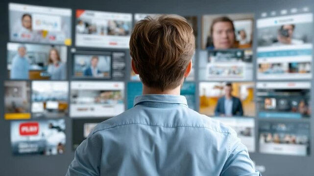Media Engagement: The photograph showcases a person standing before an array of screens, each one displaying various forms of media, from video conference calls to webpages.