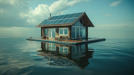 Obraz premium A floating city powered by solar and wind, with homes on water platforms, living in harmony with the ocean.