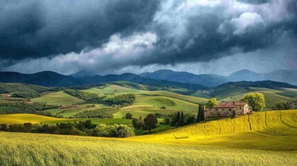 Obraz premium Tuscan Countryside Under a Dramatic Sky: Rolling Hills, Farmhouse, and Golden Fields