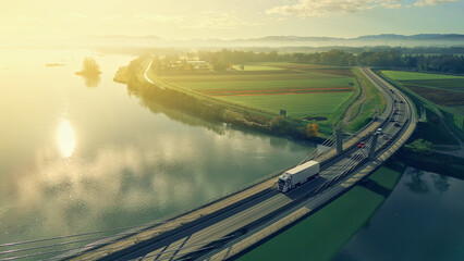 Aerial view of a cargo truck driving across a bridge over a river, highlighting transportation and logistics in a picturesque landscape. © wkproduction