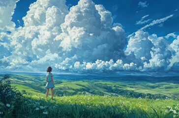 Fototapeta premium Distant thunderclouds above green summer hills