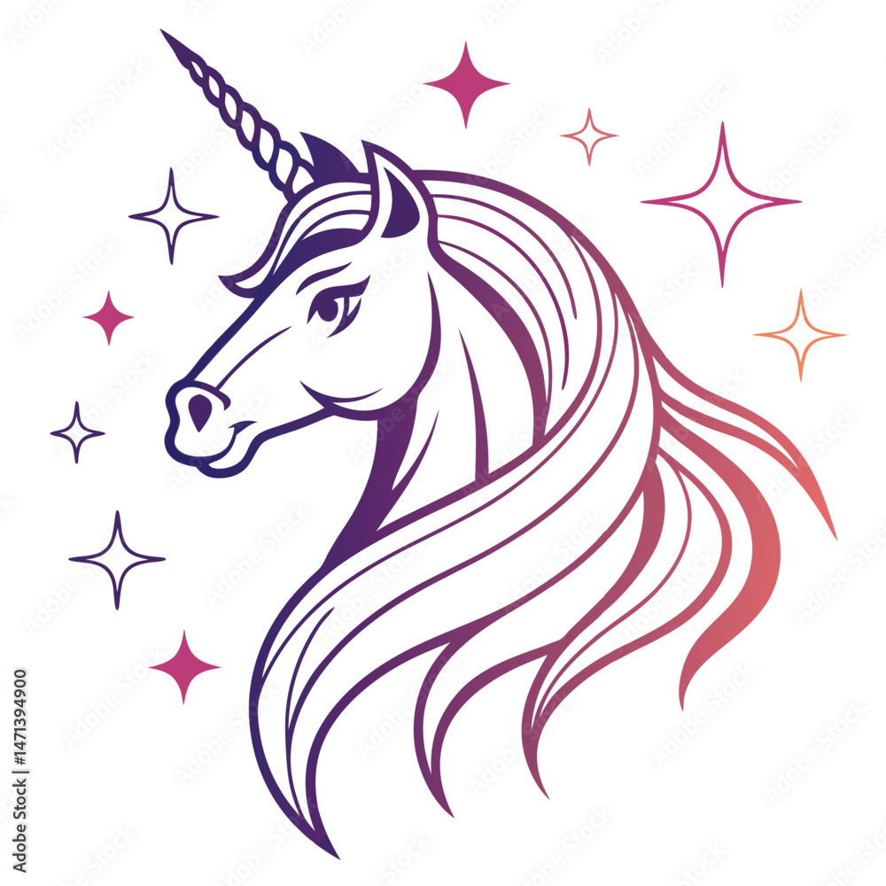 Aufkleber elegant unicorn logo vector illustration featuring a detailed mane and spiraled horn designed with v