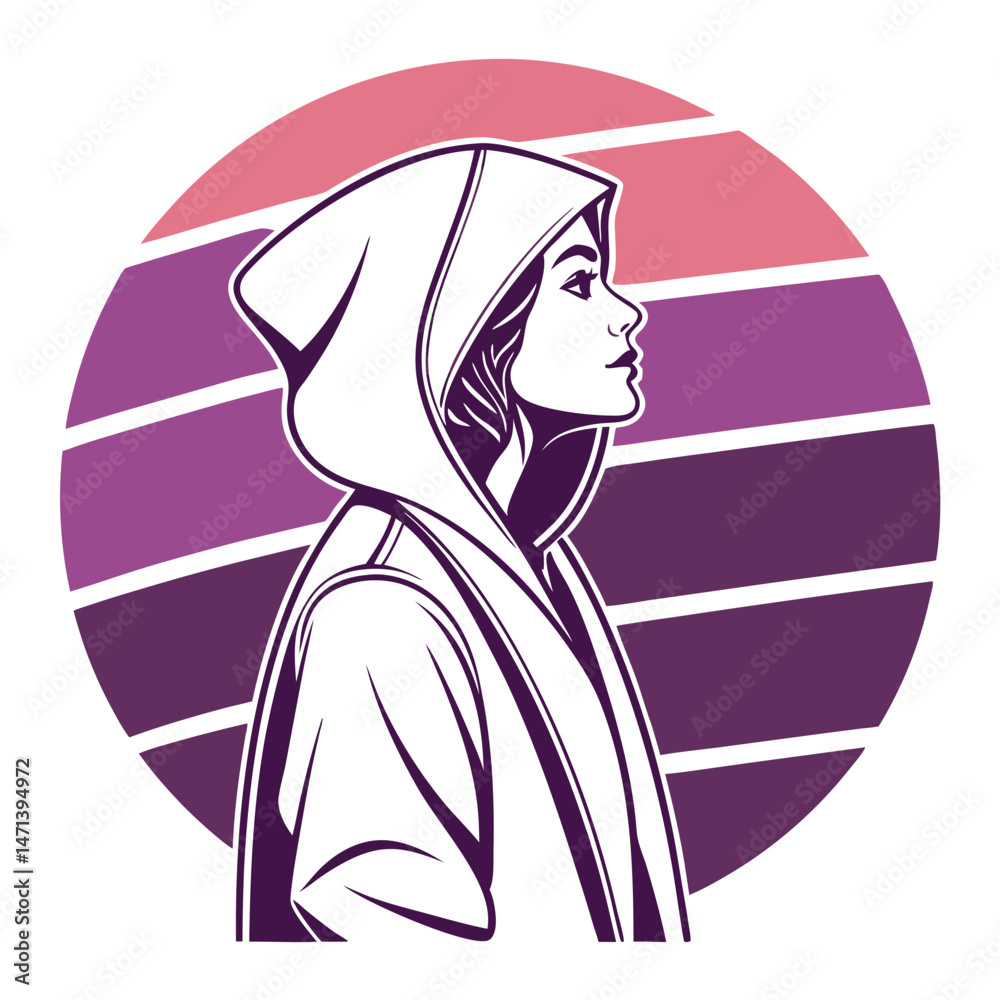 Poster stylized vector illustration of a woman in a hooded cloak emphasizing elegance and mystery, ideal fo