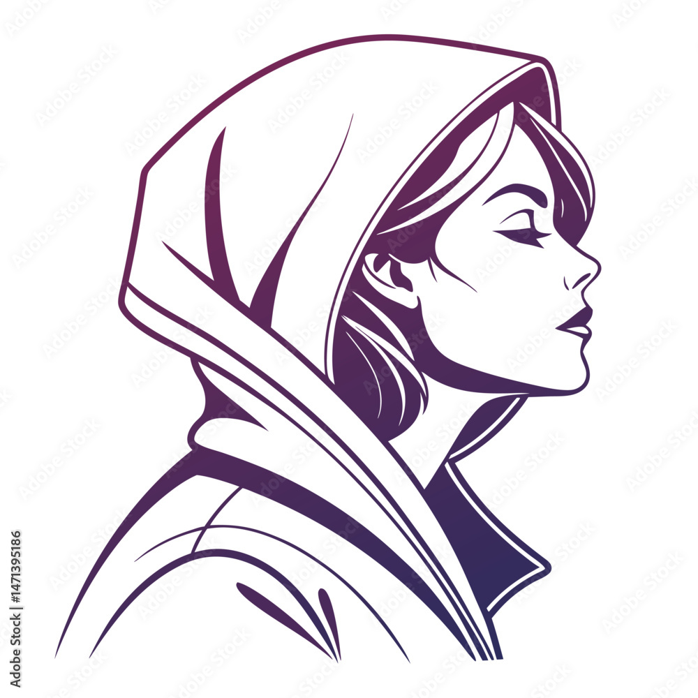 Aufkleber stylized vector illustration of a woman in a hooded cloak emphasizing elegance and mystery, ideal fo