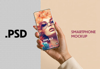 Woman hand holding a smartphone on colored background