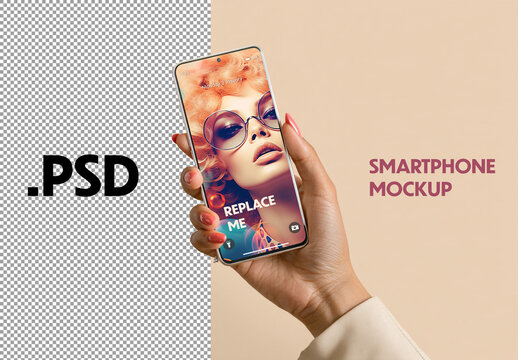Woman hand holding a smartphone on colored background