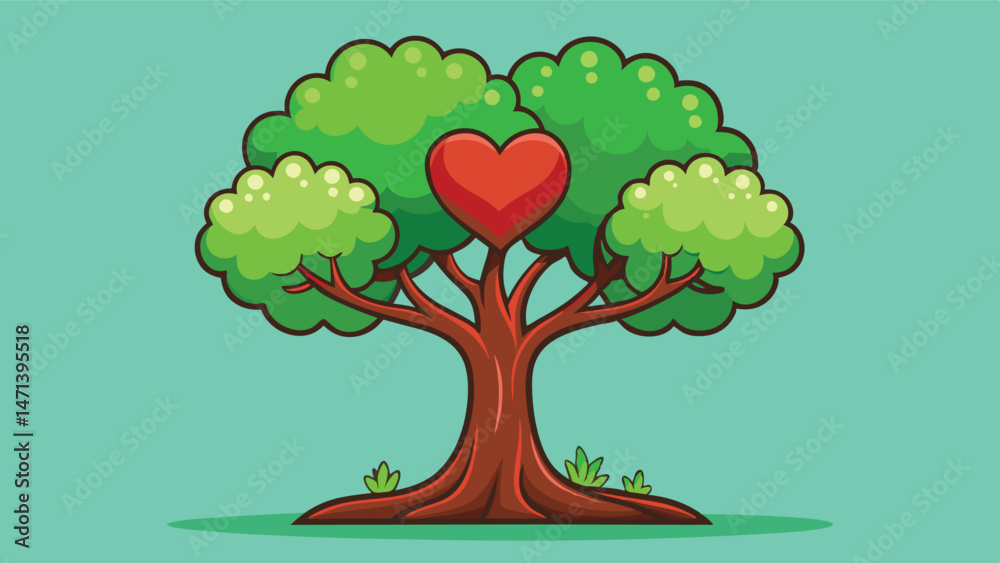 Poster colorful vector illustration of a tree with red hearts, symbolizing love and affection with a warm b