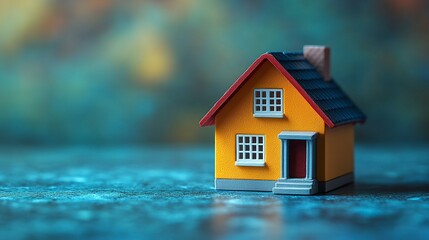 Simple toy home on blue surface with copy space  