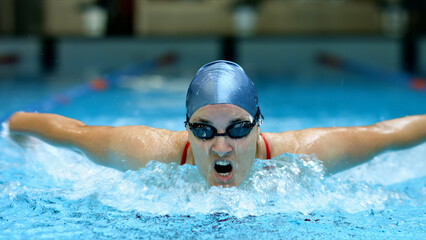 Athlete glides through the pool, demonstrating intense focus and determination. The close-up shot captures the swimmer's powerful strokes and competitive spirit.