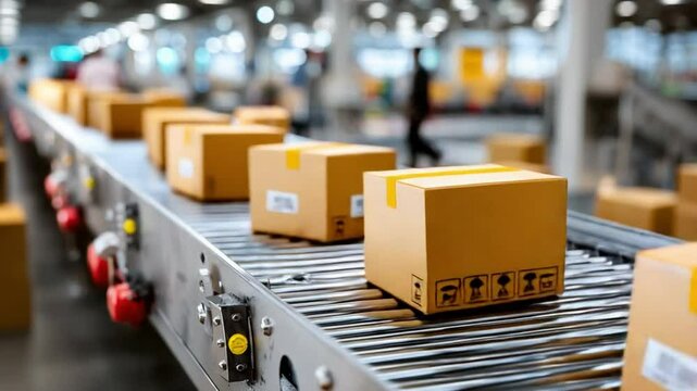 Automated Conveyor Belt: An organized, industry-focused capture reveals cardboard boxes moving seamlessly on a conveyor belt, emphasizing streamlined logistics in a distribution warehouse. 