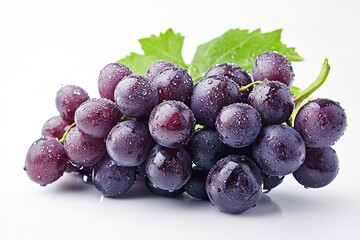 A juicy bunch of ripe grapes, their glossy skin and dewdrops sparkling on a white background