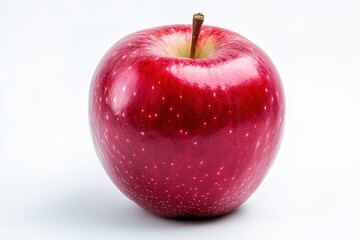 A juicy, ripe apple with a shiny red skin, placed elegantly on a white background, its crisp texture visible