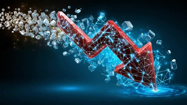 Economic Decline: A stark visualization of economic downturn. A striking red arrow pointing downwards is surrounded by interconnected network, against a dark, digital backdrop representing a crisis