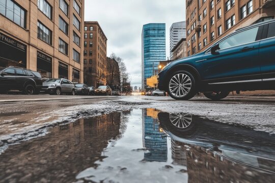 City street, rainy day, puddle reflection, urban scene.  Modern vehicle parked on street