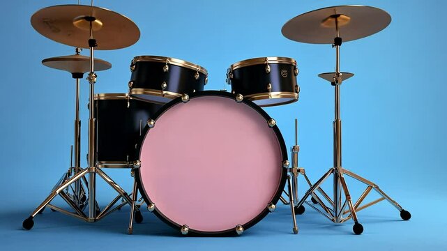 Black and gold drum set with pink bass drumhead on blue background