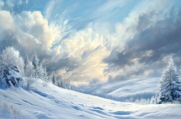 Obraz premium Dramatic winter sky over snow-covered hills