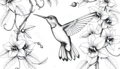 Elegant hummingbird and orchid pencil illustration for botanical design theme