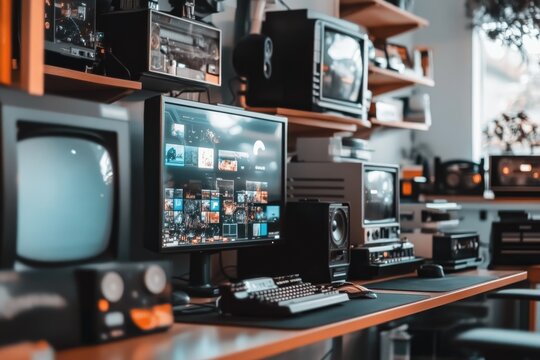 Retro tech collection on desk