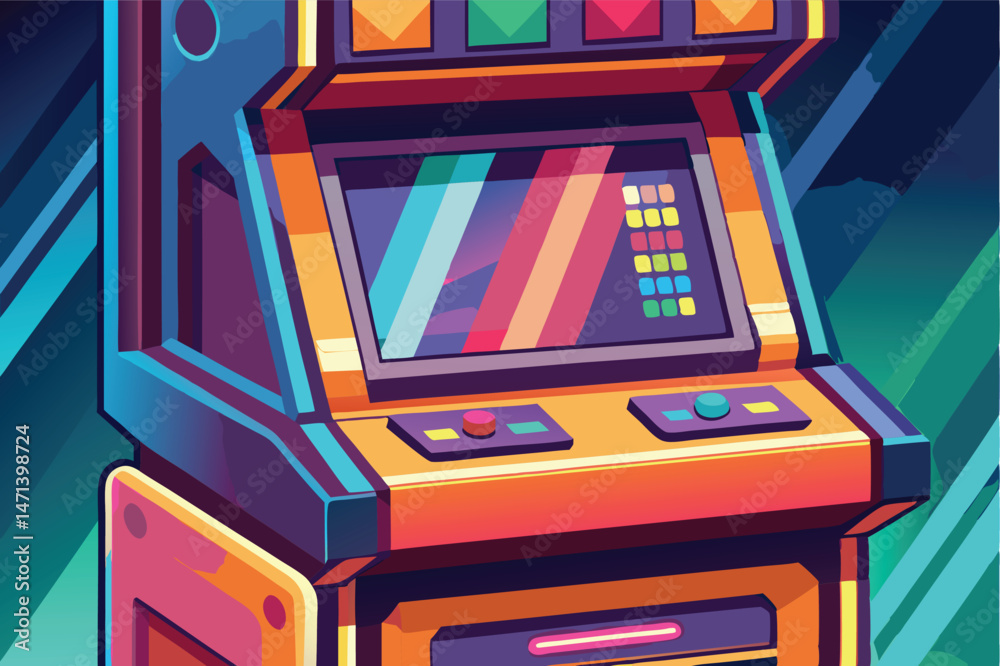 Fototapete colorful retro arcade machine vector design featuring buttons and a screen against a vibrant cosmic 