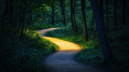 Naklejka premium Enigmatic Forest Path: A Glimmer of Light in the Dark Woods