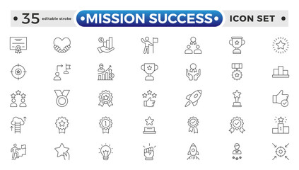 Mission Success outline web icons set. Success, achievement, successful, strategy, winner, teamwork, goal, brainstorm, challenge and task. Editable stroke outline icon.
