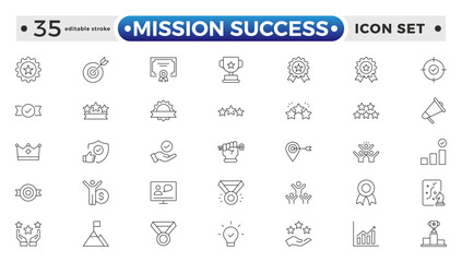 Mission Success outline web icons set. Success, achievement, successful, strategy, winner, teamwork, goal, brainstorm, challenge and task. Editable stroke outline icon.
