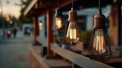 Obraz premium Cozy vintage lightbulbs hanging at outdoor cafe terrace