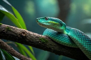Fototapeta premium Elegant Green Tree Snake on Branch in Lush Rainforest – Close-Up Nature Wildlife Photo