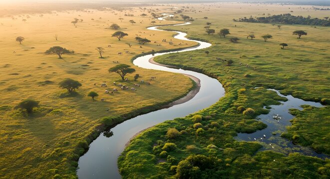 Scenic winding river through golden plains