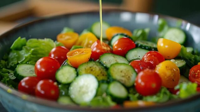 A vibrant bowl of fresh salad featuring tomatoes, cucumbers, and greens, beautifully drizzled with olive oil, showcasing a perfect healthy meal option.