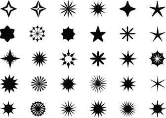 Set of sparkling stars icons. decorative twinkle and bursts forms, abstract shining flash symbols, glowing light effect vector graphic elements collection