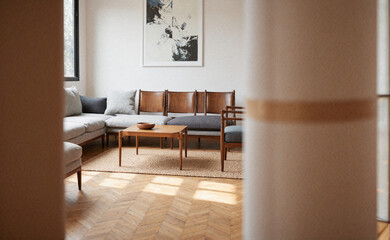 Modern living room with clean, minimal design and natural light, embodying simplicity and elegance.
