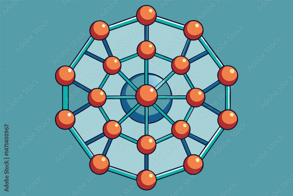 Fototapete vector illustration of an abstract network design with colorful nodes and connections on a green bac