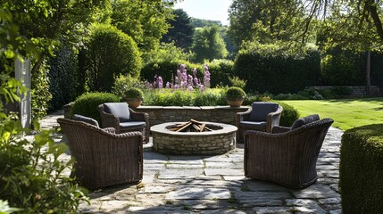 A garden patio set with wicker chairs and a stone fire pit