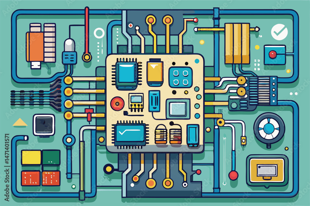 Aufkleber Colorful vector illustration of a circuit board design featuring various electronic components and connections used in technology and engineering representations