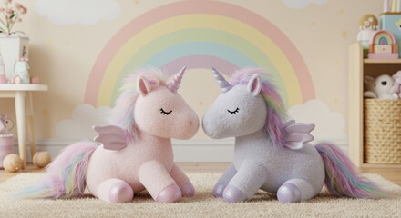 Winged unicorn plush toys in a pastel nursery room with rainbow and fantasy-themed decorations