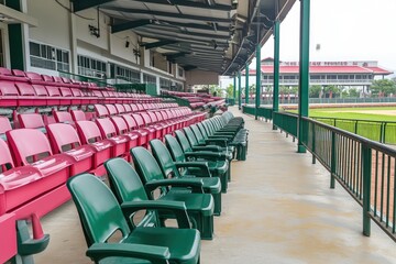 Obraz premium Empty rows of red and green stadium seats under a covered area with a view of a baseball field