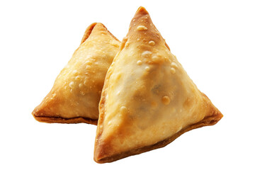 Golden brown crispy samosas isolated on white transparent background, traditional Indian snack concept with fried texture