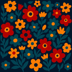 Fototapeta premium seamless floral pattern. Bold floral illustration in deep red and dark teal tones, featuring hand-drawn flowers and leaves in a flat graphic style.