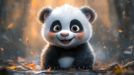 Fototapeta premium Smiling cartoon panda cub with expressive eyes and pastel artistic flourishes in a hand-drawn style 