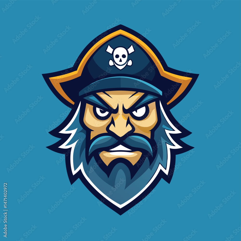 Poster Bold pirate mascot vector illustration featuring a fierce captain with a distinct cap and rebellious expression on a bright blue background