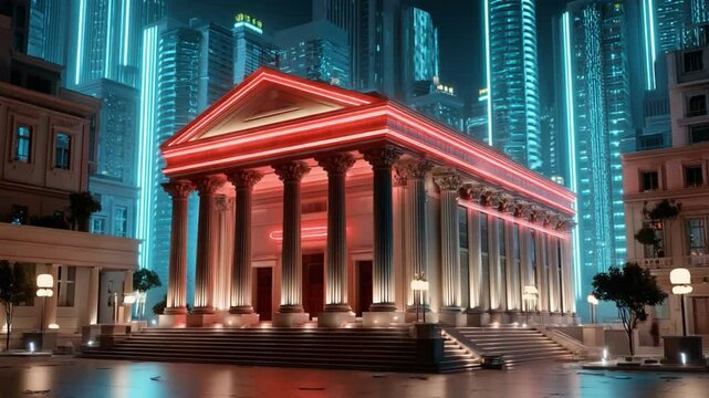 Illuminated Architectural Marvel: A neoclassical building, aglow with vibrant red lighting, stands as a beacon amidst a futuristic cityscape, inviting exploration. 