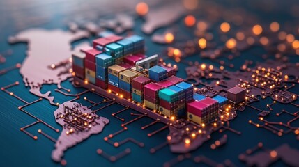 Colorful shipping containers sit atop digital world map depicting global trade and transportation network.